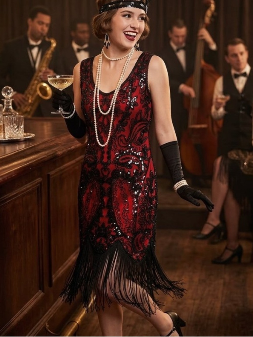 Fundaisy 1920s Red Black Sequin Fringe Flapper Dress Large Gatsby Cocktail Party - Picture 2 of 12